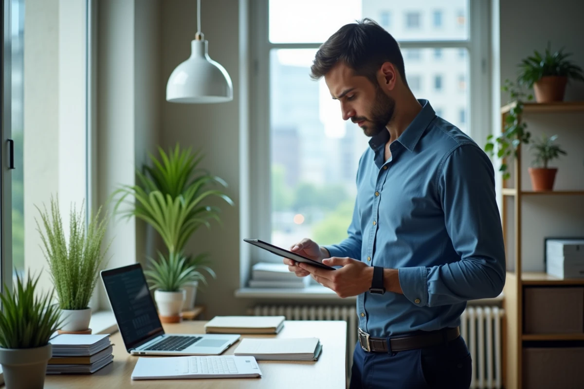 Homme en bureau regardant une simulation financière sur tablette