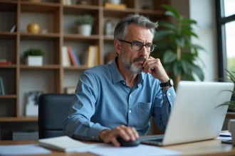 Homme d'âge moyen au bureau attendant le chargement