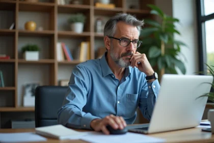 Homme d'âge moyen au bureau attendant le chargement