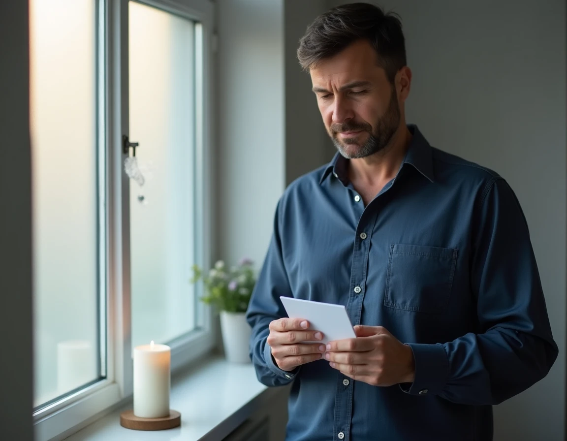 Homme tenant une carte de condoléances près d'une bougie blanche en signe de soutien au deuil
