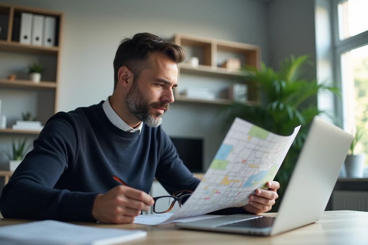 Homme comparant une carte imprimée des zones scolaires avec une carte numérique sur ordinateur portable