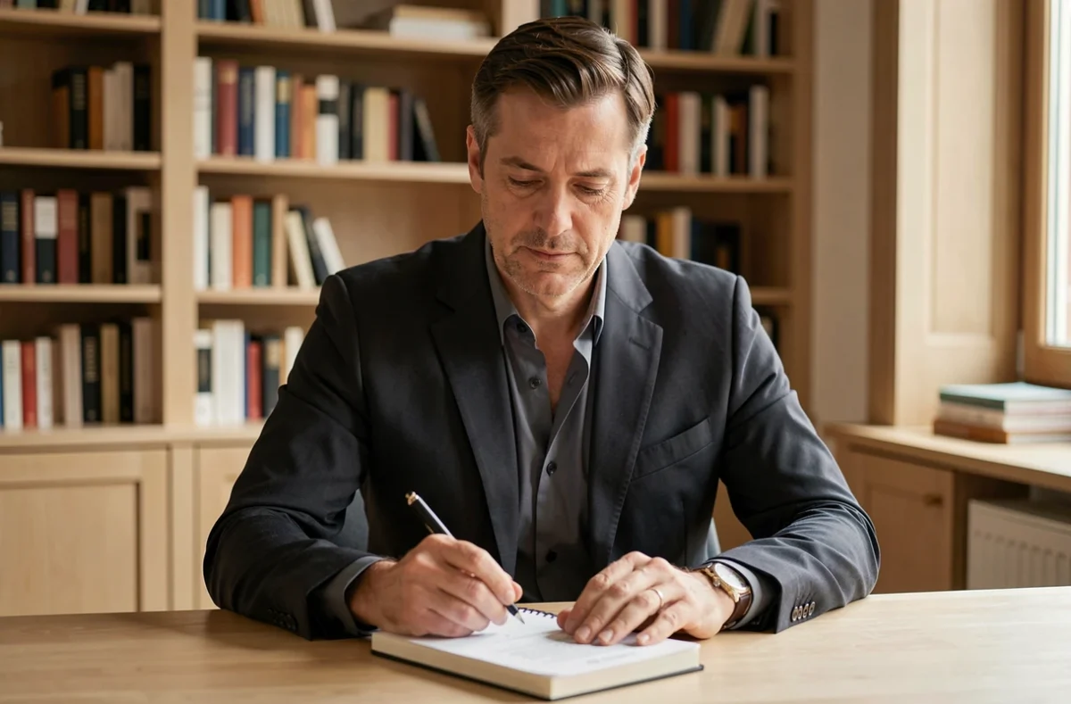 Homme en costume sombre assis à un bureau en bois dans un bureau privé, symbolisant le rôle discret et l'influence supposée d'un conjoint de personnalité publique