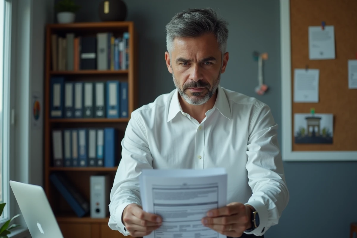 Homme consultant le site CAF sur son ordinateur portable avec des formulaires administratifs en main