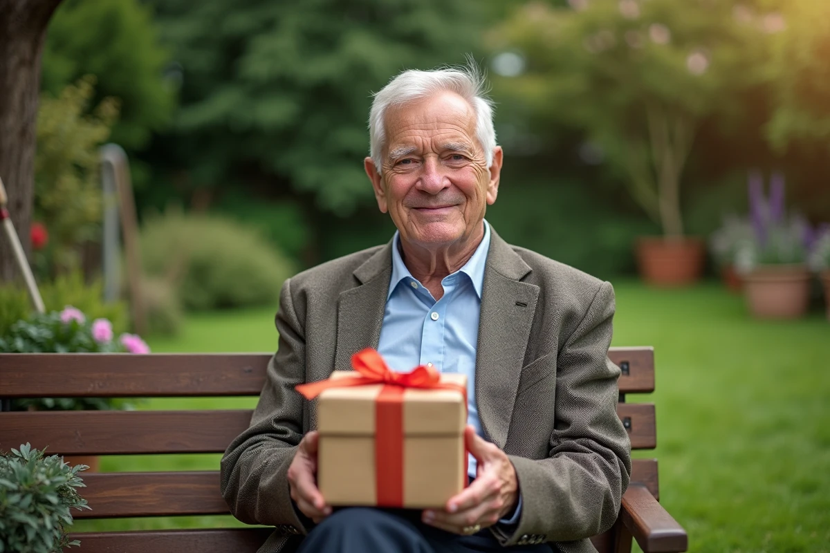 Homme âgé tenant un cadeau fait main dans un jardin paisible