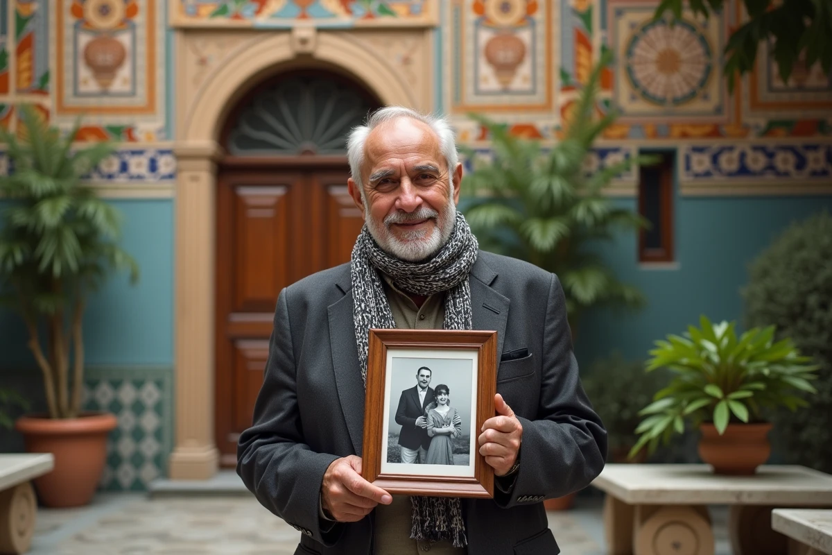 Homme libanais devant une mosaïque dans une cour colorée