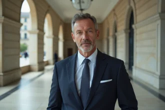 Portrait d'un homme politique français en costume sombre dans un couloir institutionnel, illustrant la vie publique et privée d'un personnage médiatique