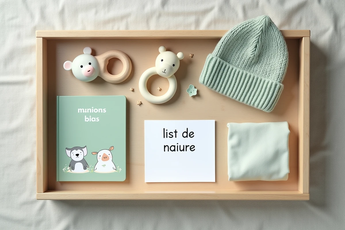 Flat lay de petits cadeaux de naissance abordables incluant tétine, livre bébé et bonnet tricoté sur fond en lin gris