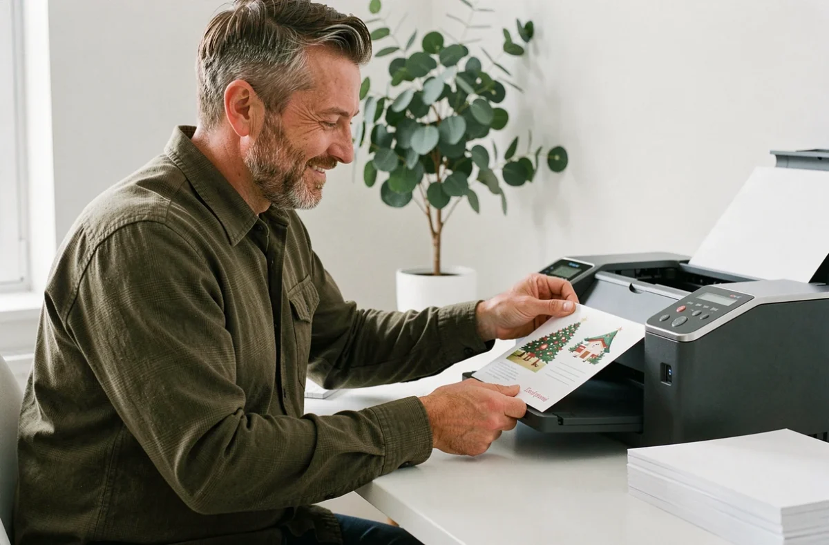 Homme qui imprime une carte de Noël gratuite depuis son imprimante à la maison