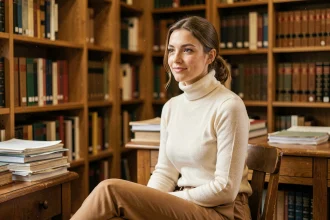 Jeune femme brune au style élégant assise dans une bibliothèque historique, regard introspectif évoquant la pression et la maturité d'une carrière précoce