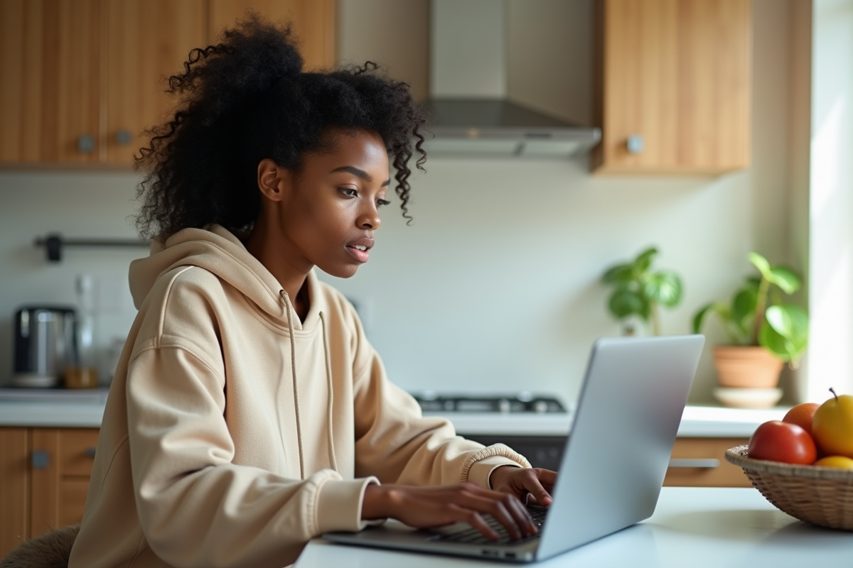 Jeune femme travaillant sur son ordinateur dans la cuisine lumineuse