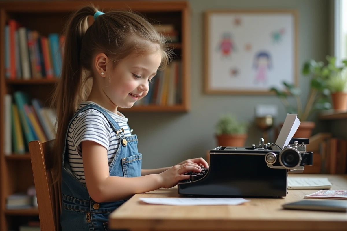 Jeune fille de 8 ans avec une machine à écrire