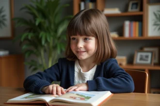 Jeune fille de 8 ans lisant un livre illustré dans un salon