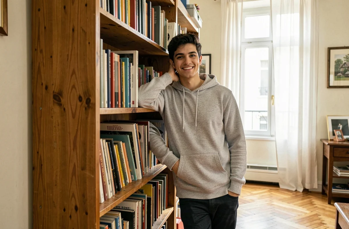 Jeune homme souriant appuyé contre une bibliothèque dans un appartement parisien chaleureux, évoquant la vie privée et discrète d'un fils de personnalité médiatique
