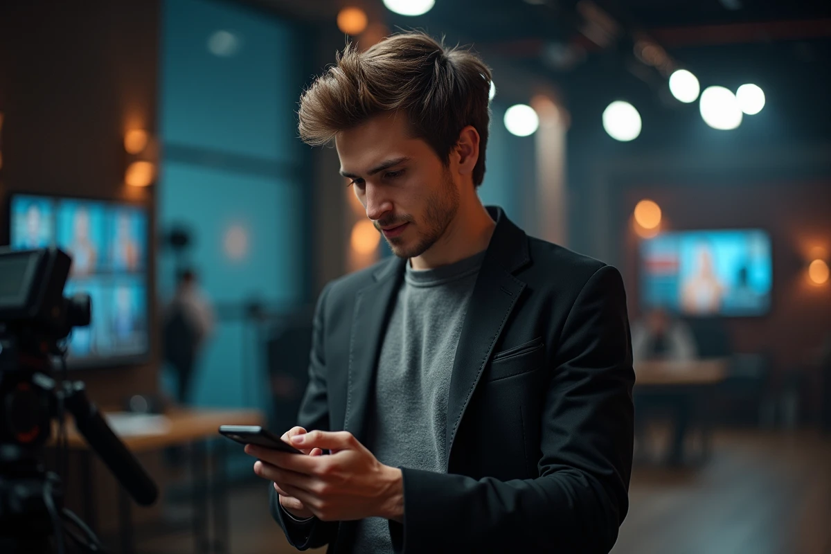 Jeune homme en backstage regardant son téléphone dans un studio télé