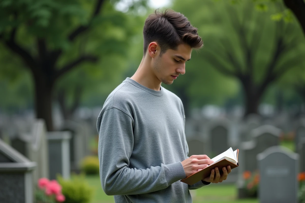Jeune homme dans un cimeti&egrave;re lisant un carnet