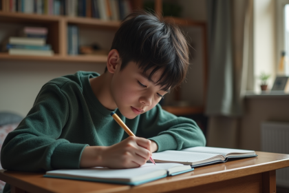 Adolescent concentré à écrire dans son carnet dans sa chambre