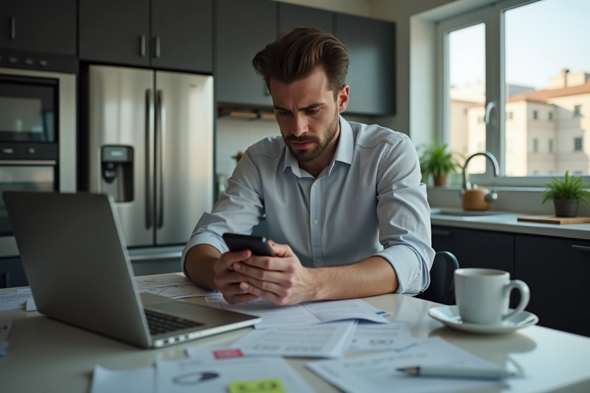 Jeune homme seul à la table de cuisine avec papiers et téléphone