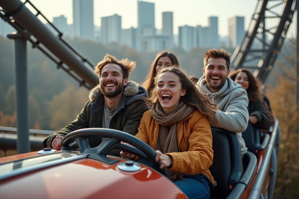 Groupe de jeunes adultes sur une montagne russe moderne
