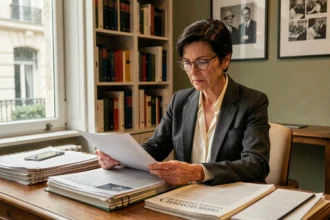 Journaliste française dans un bureau éditorial parisien classique, entourée de journaux et de livres de référence