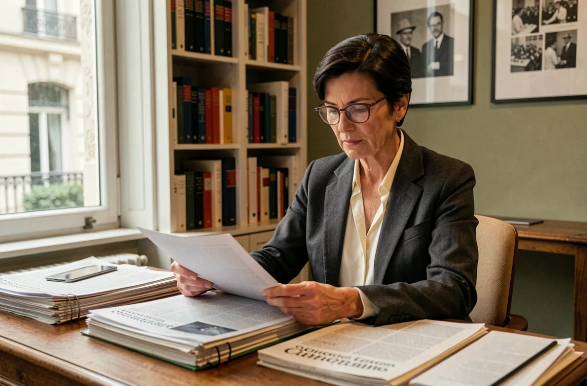 Journaliste française dans un bureau éditorial parisien classique, entourée de journaux et de livres de référence