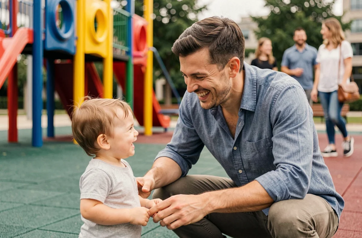 Jeune homme souriant jouant avec un enfant en bas âge dans une aire de jeux urbaine, évoquant la question de la paternité et du désir d'avoir des enfants
