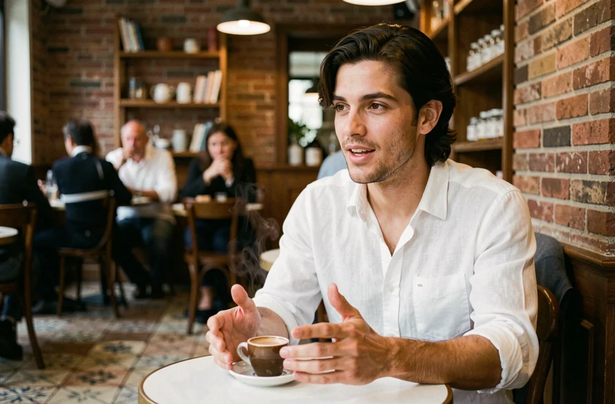 Jeune homme décontracté en interview dans un café parisien, partageant ses confidences sur ses envies de paternité et ses projets de vie personnelle