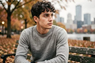 Jeune homme pensif assis dans un parc en automne, regard perdu dans le vague, illustrant une réflexion sur la vie de famille et les projets d'avenir