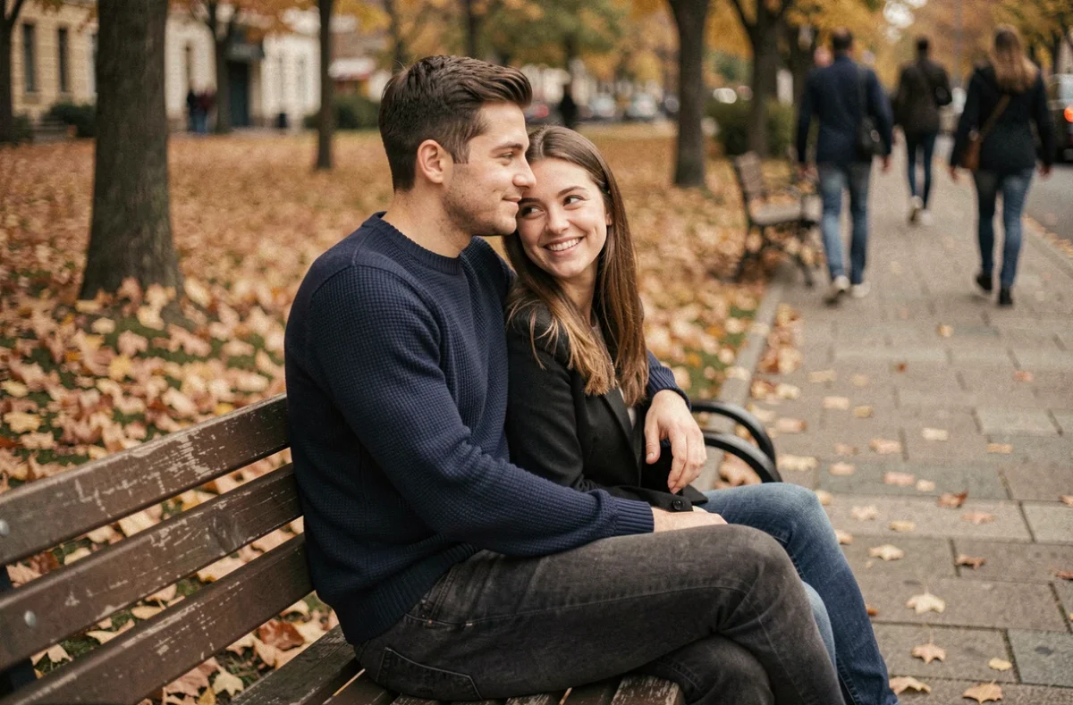 Couple discret assis sur un banc de parc en automne, protégeant leur vie privée loin des projecteurs