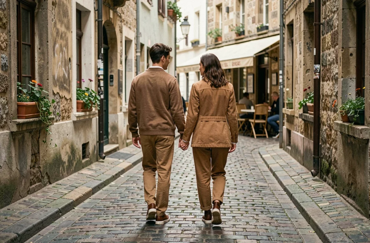 Couple marchant main dans la main dans une rue pavée, illustrant une relation protégée des regards médiatiques