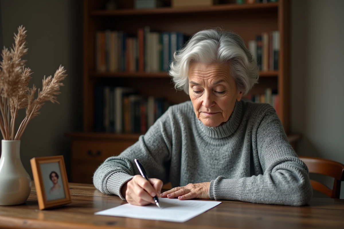 Femme âgée écrivant une lettre en souvenir d'un proche décédé, atmosphère intime et recueillie