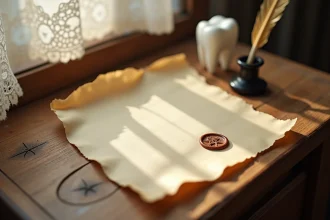 Lettre manuscrite pour la petite souris posée sur une table de nuit en bois avec une dent de lait et une plume