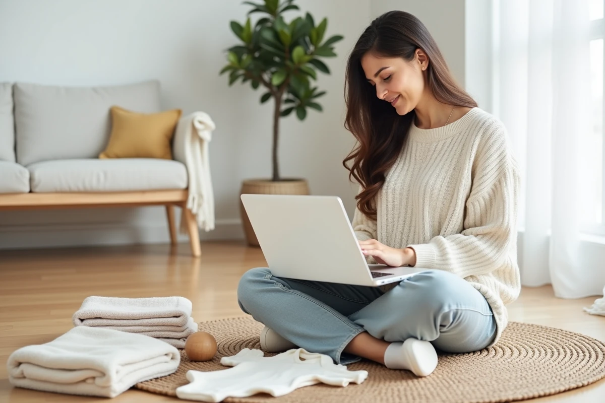 Jeune femme enceinte consultant une liste de naissance en ligne sur un ordinateur portable entourée de cadeaux bébé à petit budget