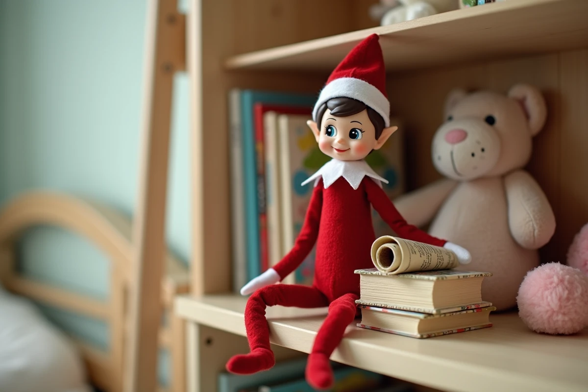 Figurine de lutin espiègle perché sur une étagère de chambre d'enfant avec des livres renversés et un petit parchemin déroulé