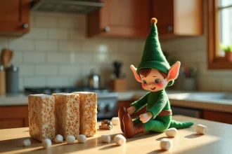 Lutin farceur miniature posé sur un comptoir de cuisine entouré de guimauves éparpillées et de boîtes de céréales réarrangées