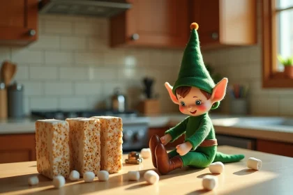 Lutin farceur miniature posé sur un comptoir de cuisine entouré de guimauves éparpillées et de boîtes de céréales réarrangées