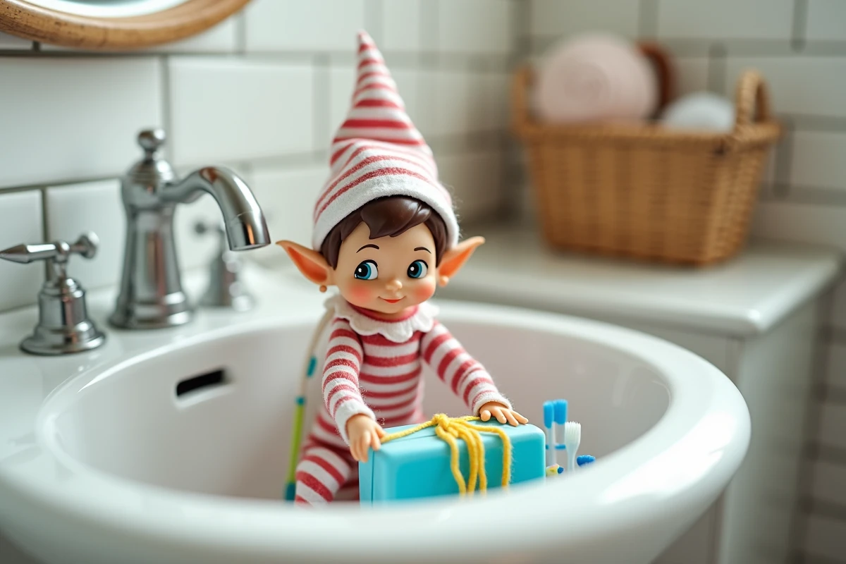 Petit lutin farceur en pyjama rayé ayant réarrangé les brosses à dents en smiley sur le bord d'un lavabo de salle de bain