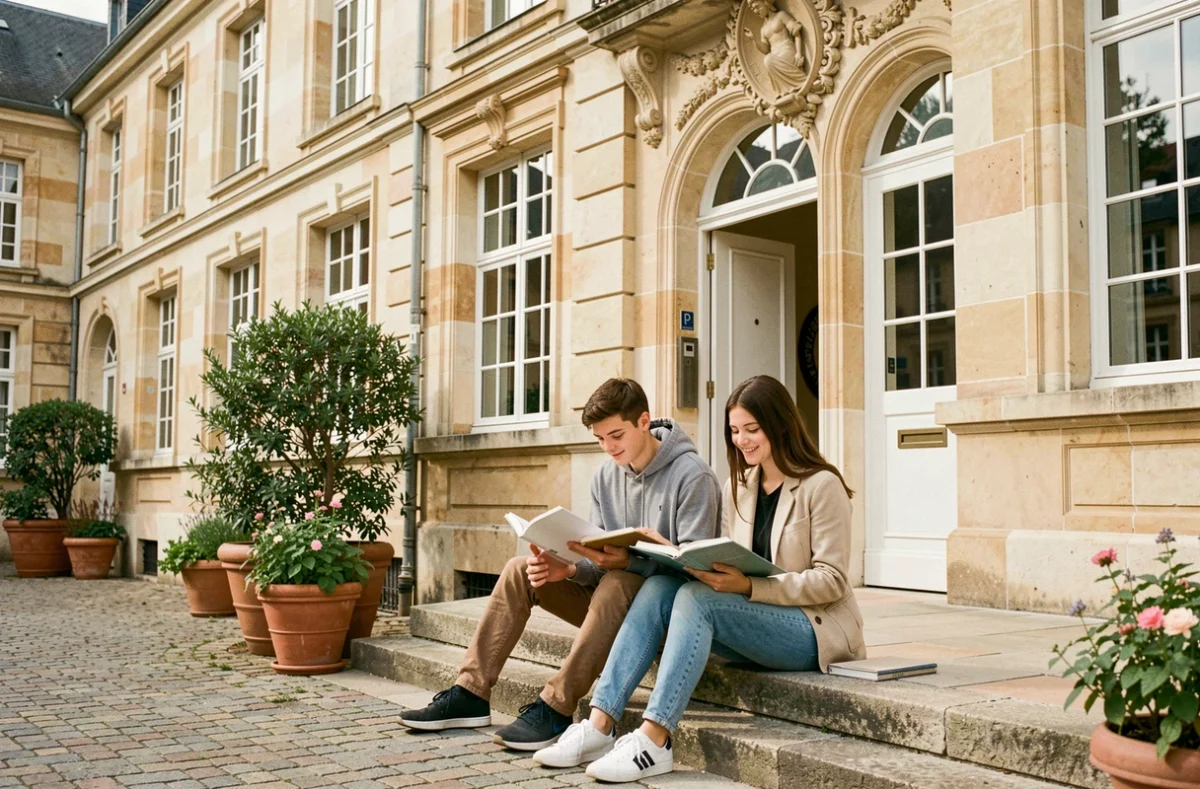 Deux lycéens étudiant sur les marches du Lycée Notre-Dame de Toutes Aides à Nantes