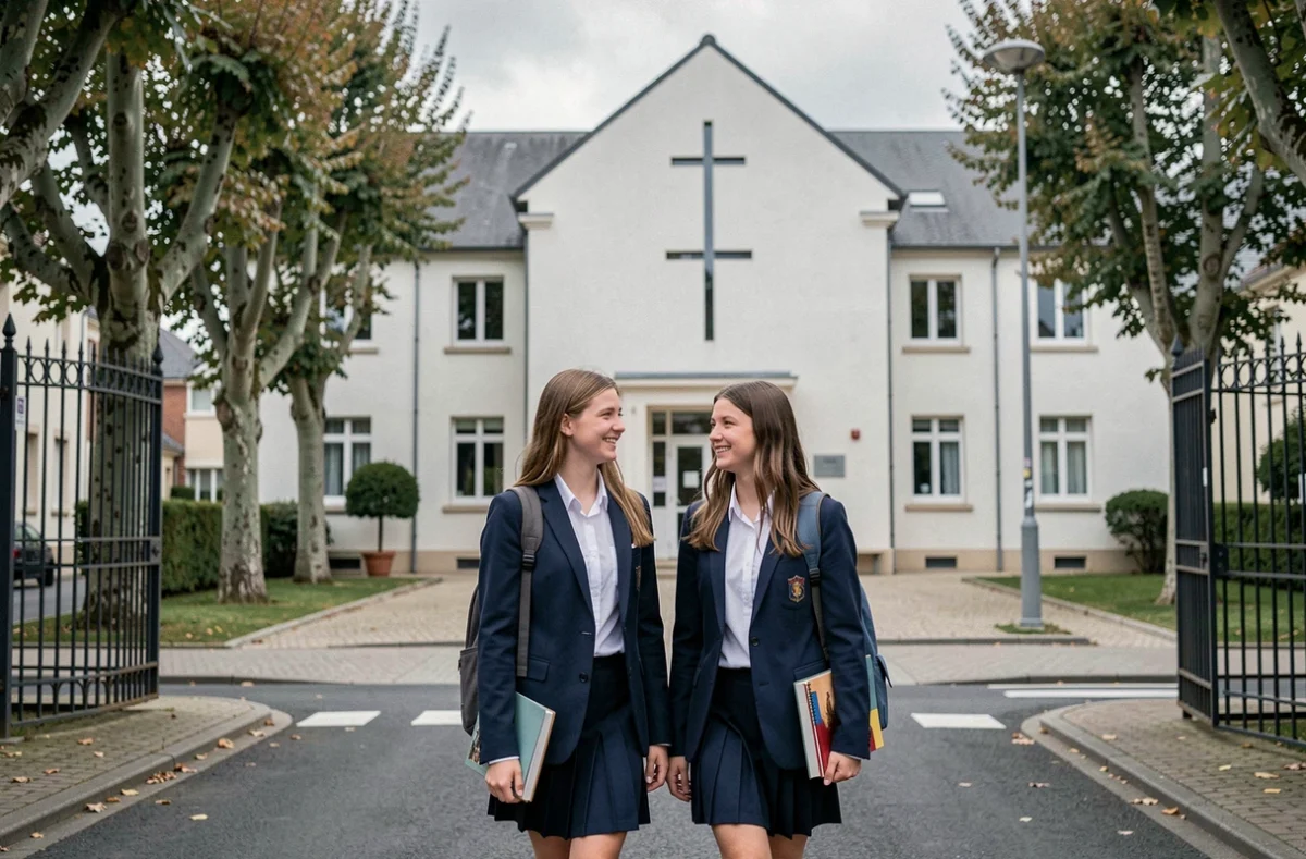 Entrée du Lycée Notre-Dame à Rezé avec deux lycéennes en uniforme marchant devant la façade