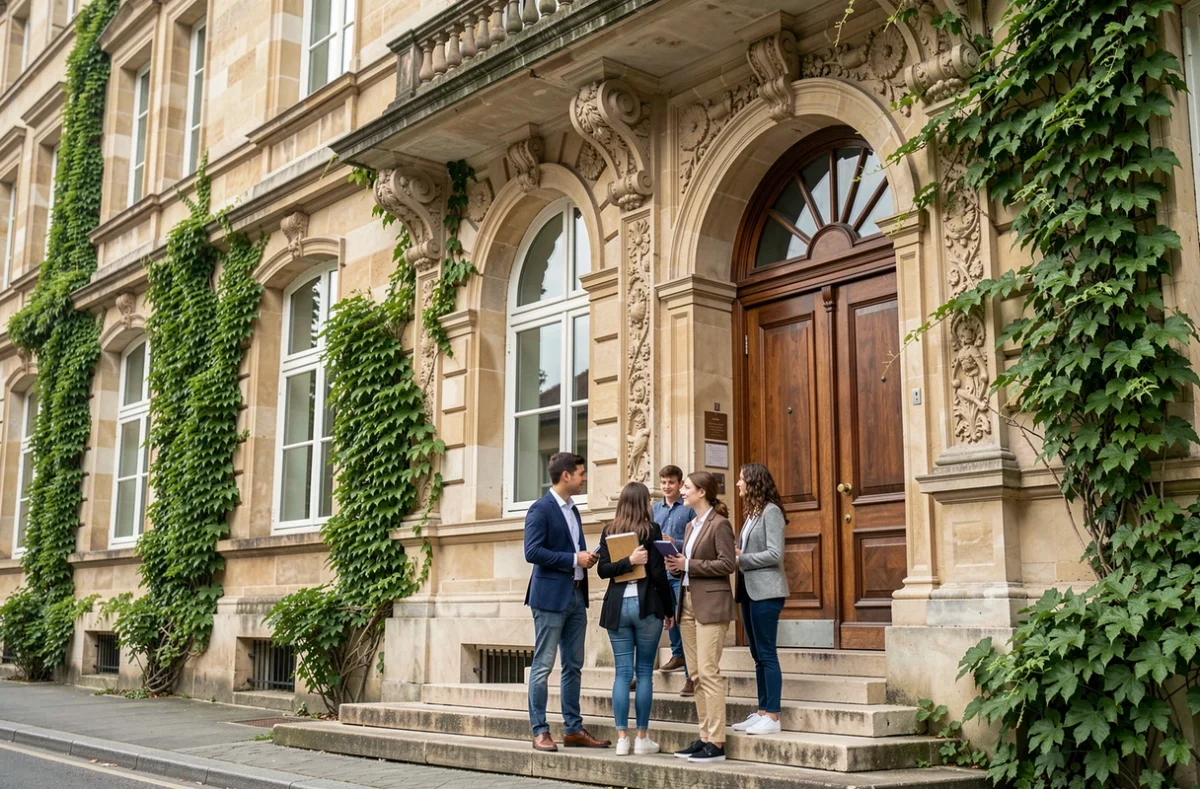 Façade du Lycée Saint-Joseph du Loquidy à Nantes avec des lycéens devant l'entrée principale