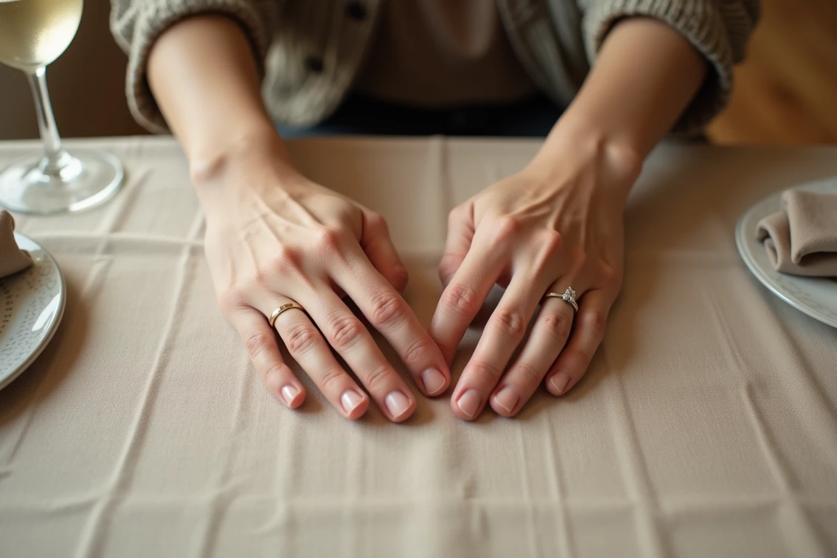 Deux mains proches sans se toucher sur une nappe en lin, l'une portant une alliance, symbolisant la distance émotionnelle dans une relation avec un homme marié