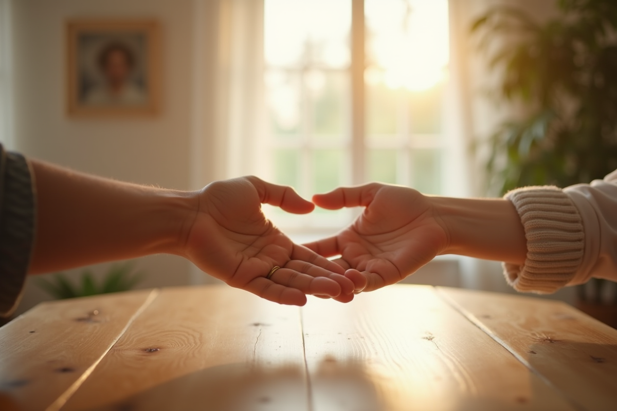 Deux mains qui se touchent dans une ambiance chaleureuse