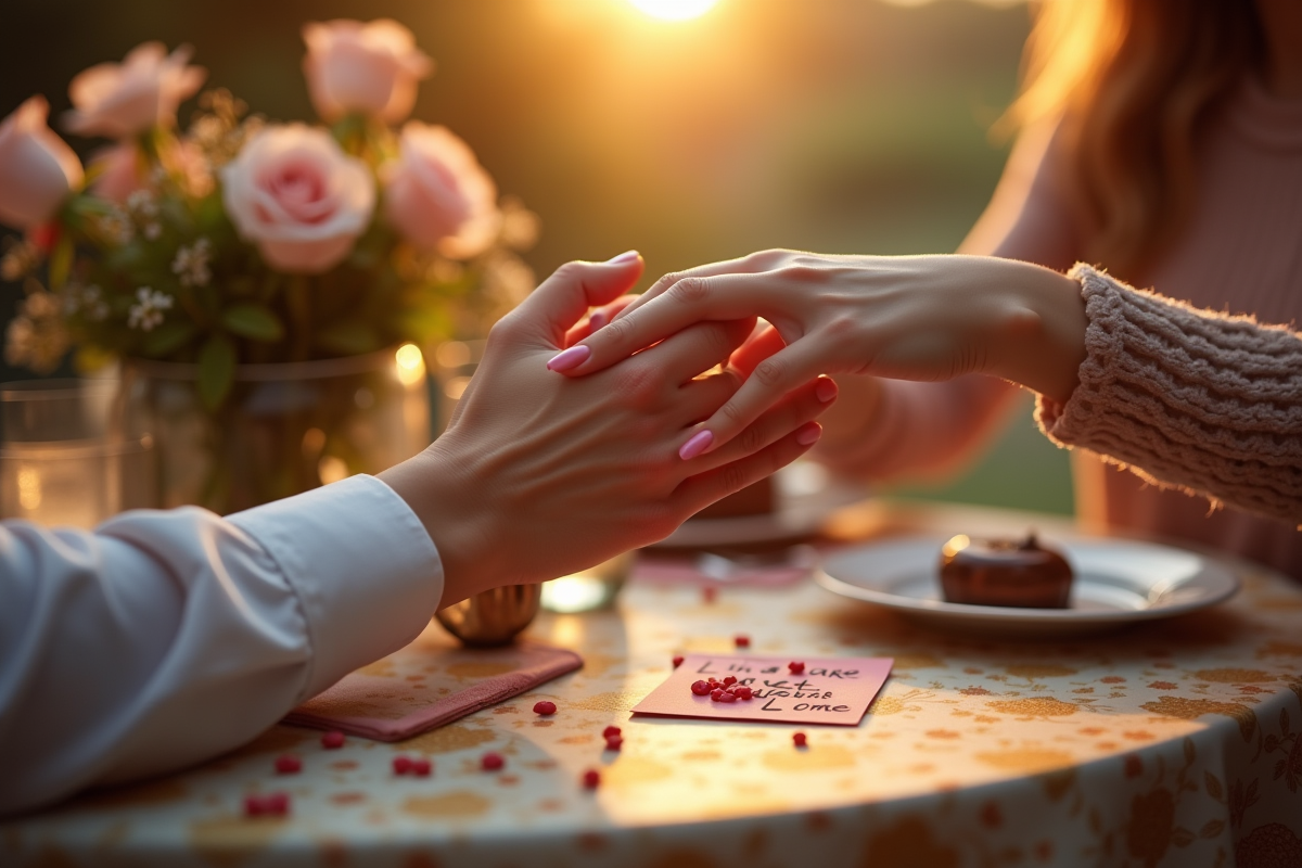 Mains d un couple tenant sur fond de diner romantique