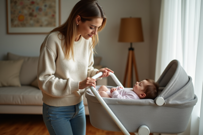 Maman douce et bébé dans la poussette moderne en intérieur