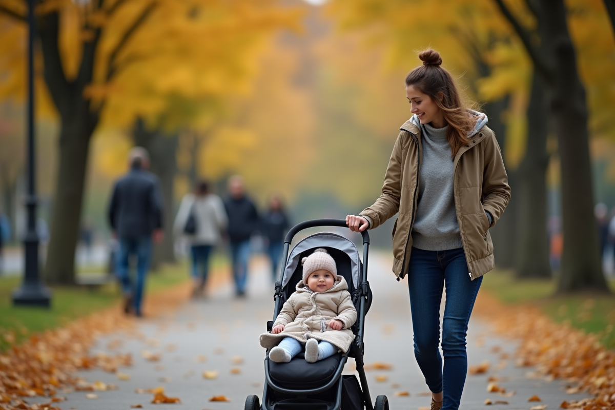 Jeune maman poussant une poussette dans un parc automnal