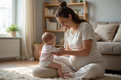 Jeune maman soutenant son bébé sur un ballon de naissance dans un salon cosy