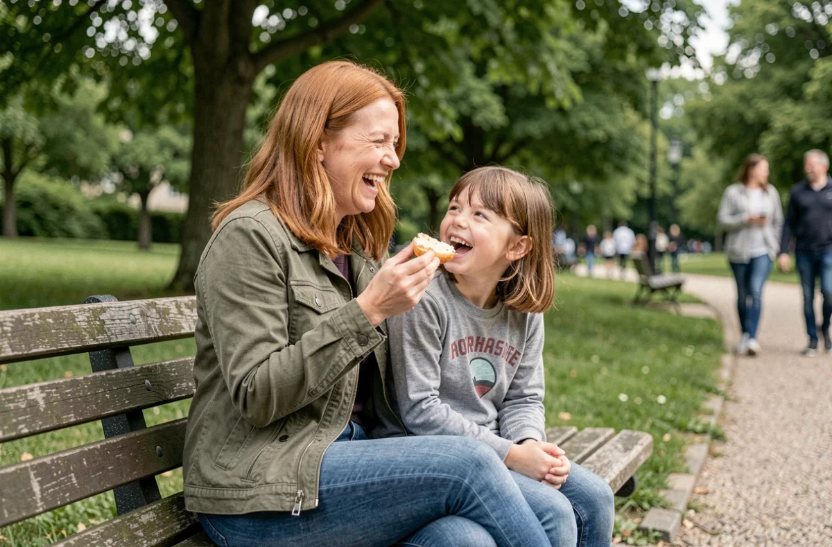 Maman solo et sa fille riant ensemble dans un parc en France, illustrant la joie et la résilience des familles monoparentales soutenues par une communauté bienveillante