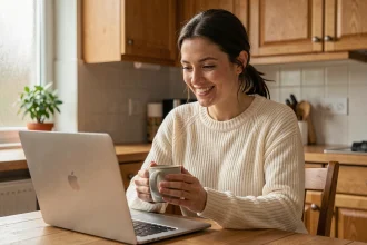 Maman solo souriante devant son ordinateur portable dans une cuisine chaleureuse, symbolisant le soutien communautaire en ligne pour les mères seules en France