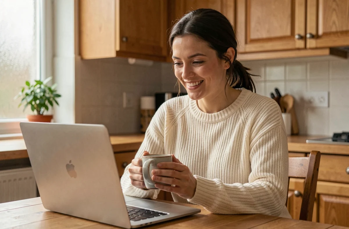 Maman solo souriante devant son ordinateur portable dans une cuisine chaleureuse, symbolisant le soutien communautaire en ligne pour les mères seules en France