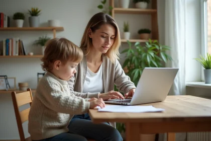 Maman détendue travaillant à domicile avec son enfant à côté