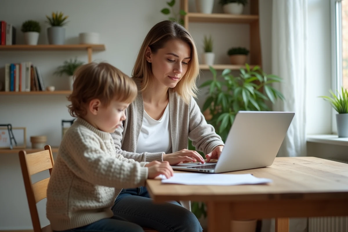 Maman détendue travaillant à domicile avec son enfant à côté